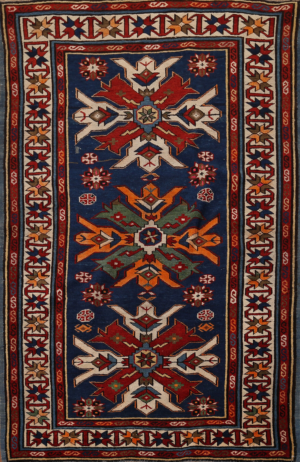 Vintage Blue Geometric Kazak Vegetable Dye Rug 3x5 Handmade Wool