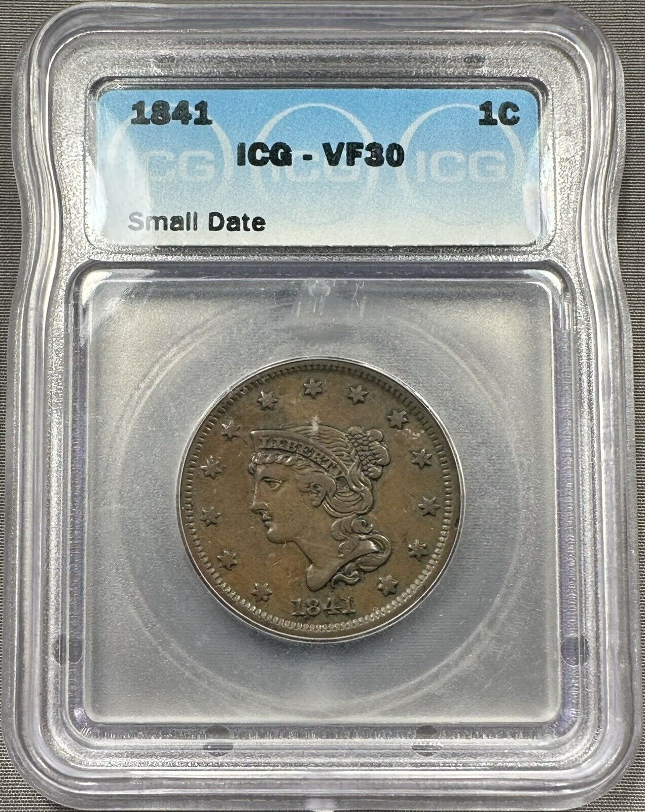 1841 Braided Hair Large Cent 1c - ICG VF30 - Choice Surfaces Small Date