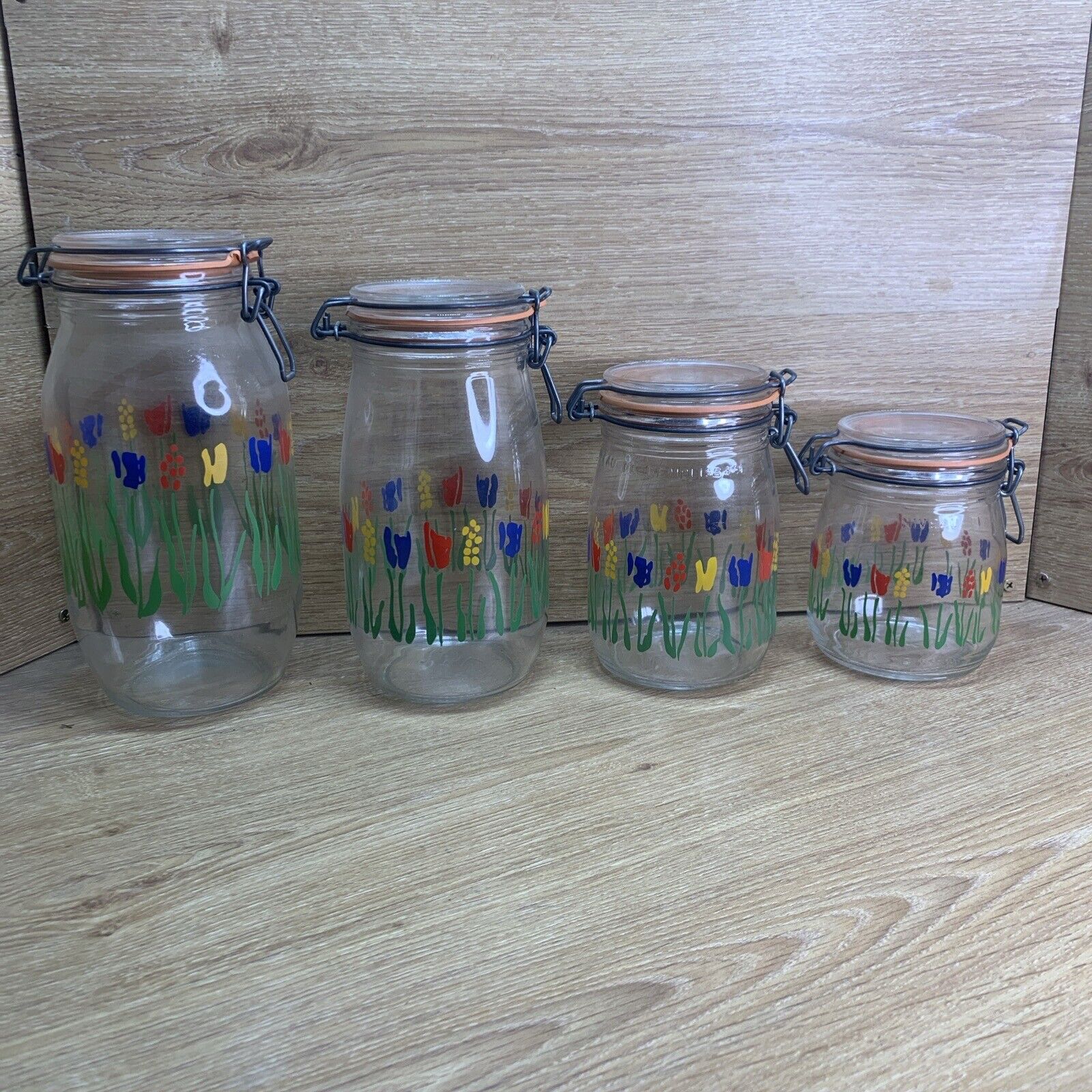 ARC  France Springtime Glass Canisters Lot Of 4 W/Rubber Seals Vintage