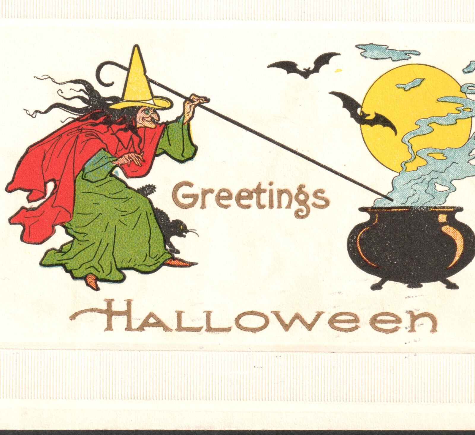 Witch Cauldron 1912 US Greetings Halloween Gibson Art GA38 Cat Bat Moon PostCard