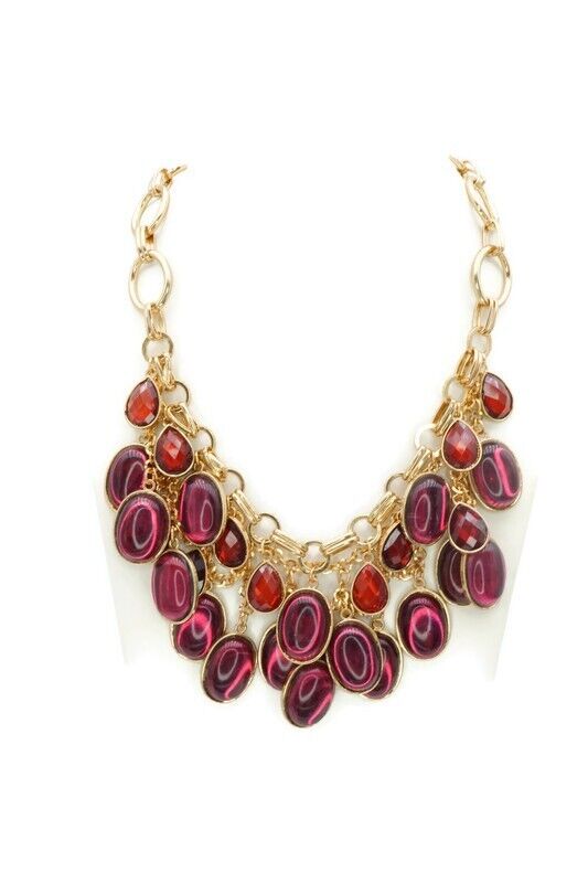 Vintage Necklace Gold Tone Red Purple Cabochon 19\
