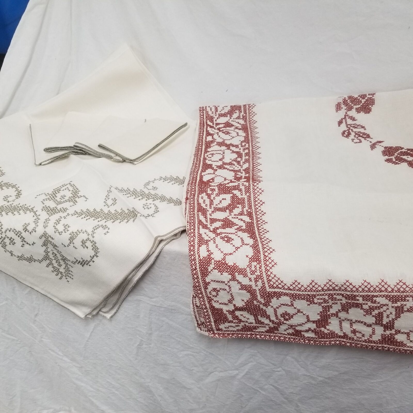 Two Nice Vintage Cross Stitched Tablecloths Napkins