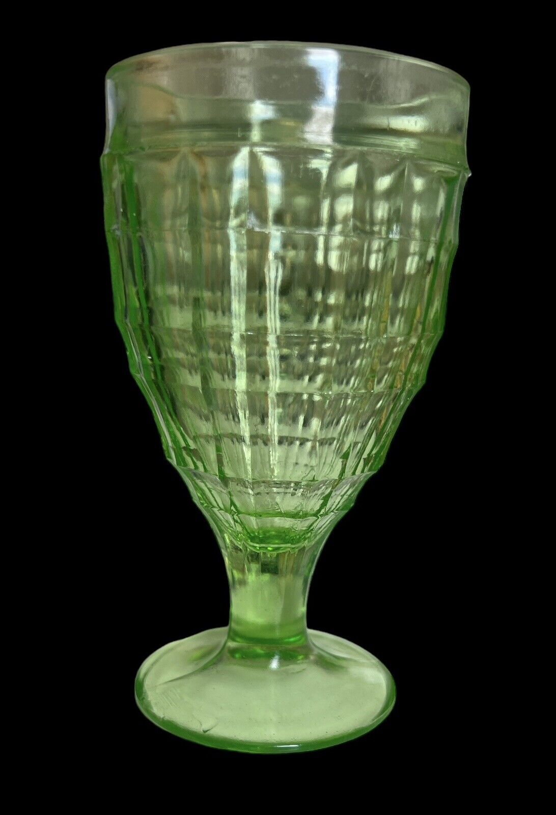 Vintage Uranium Green Depression Water Footed Block Glass 5.5” Mint