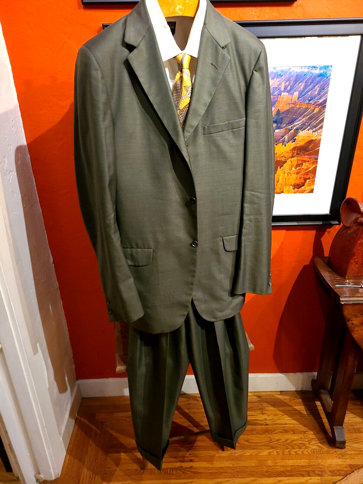 Vintage 1960\'s Green 3 Button Sharkskin Suit, Very Good Condition, 42 Extra Long