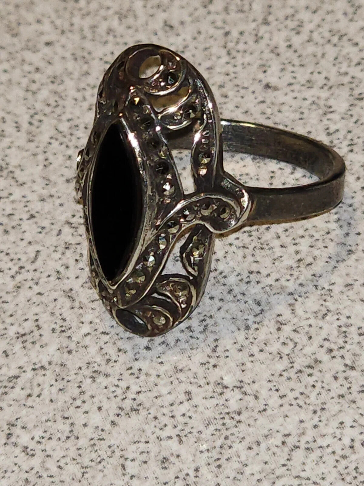 Vintage Marcasite and Black Onyx Sterling Silver Ring, Size 8.75, Imported from
