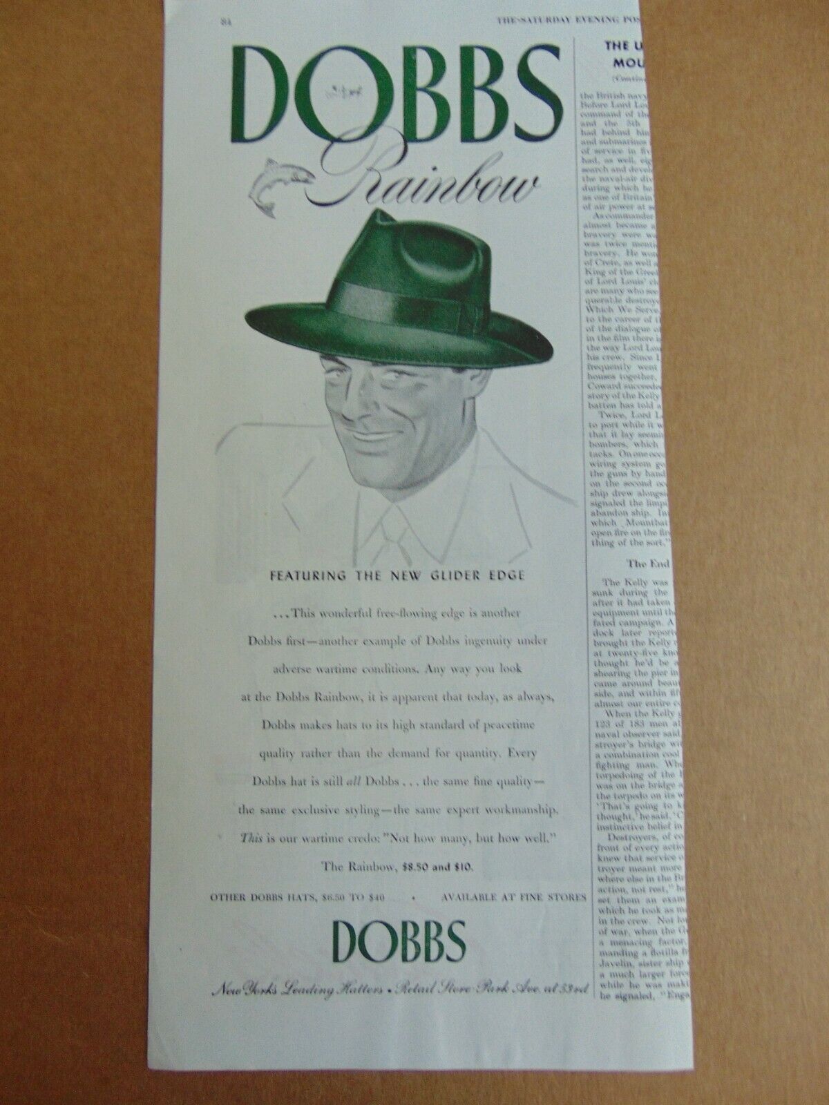 1944 DOBBS Men\'s Rainbow Hat with Glider Edge vintage art print ad