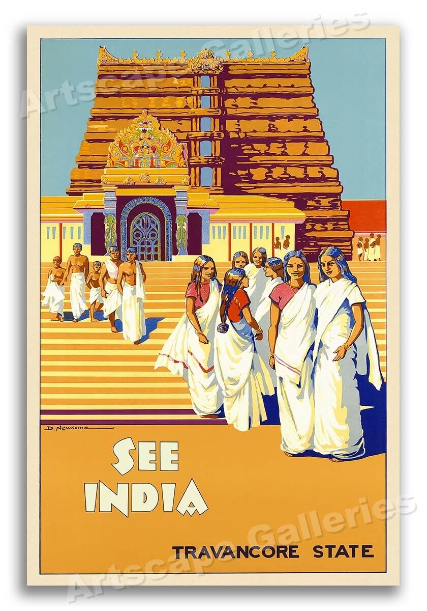 See India 1930s Travancore Buddhist Temple Vintage Style Travel Poster - 20x30