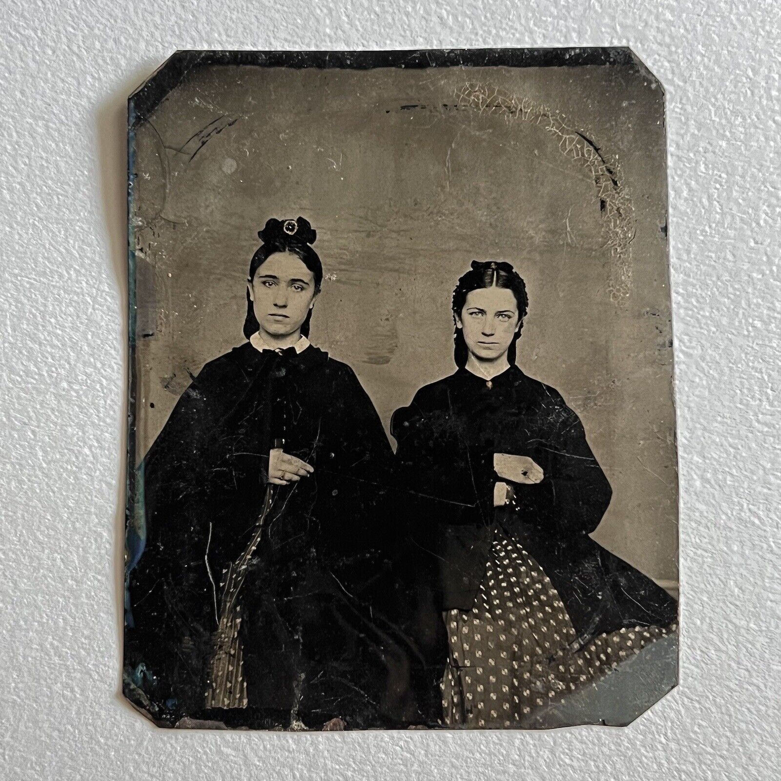 Antique Tintype Photograph Beautiful Young Fashionable Women Matching Sisters