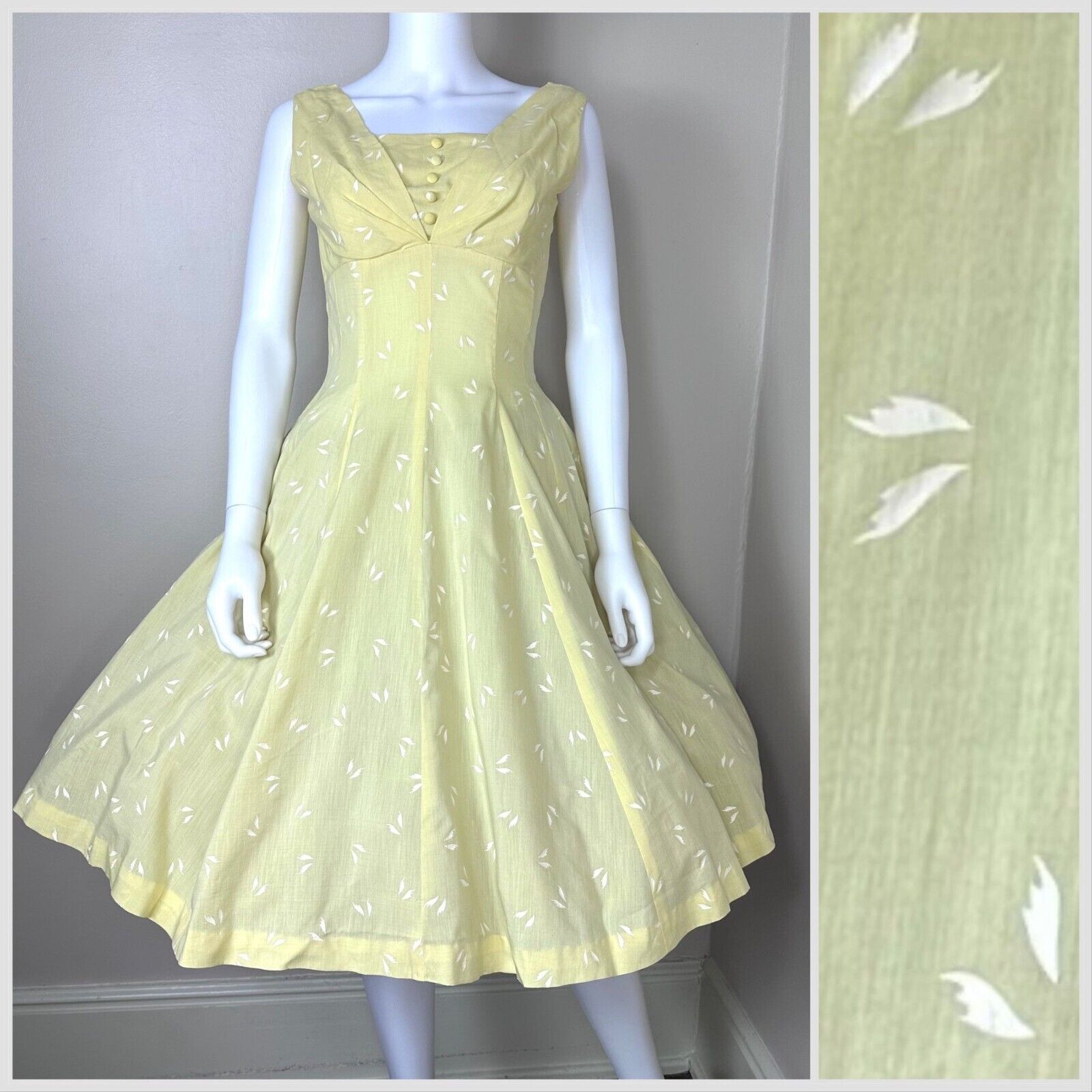 Vintage 1950s Pastel Yellow Sleeveless Dress 50s Full Skirt Union Made