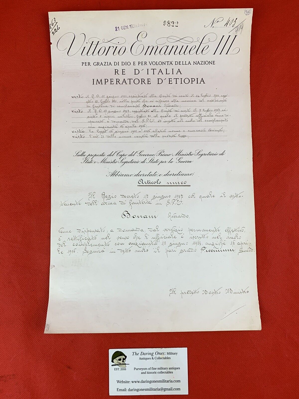 Original WW2 Era Mussolini & King Victor Emmanuel III Signed Document 