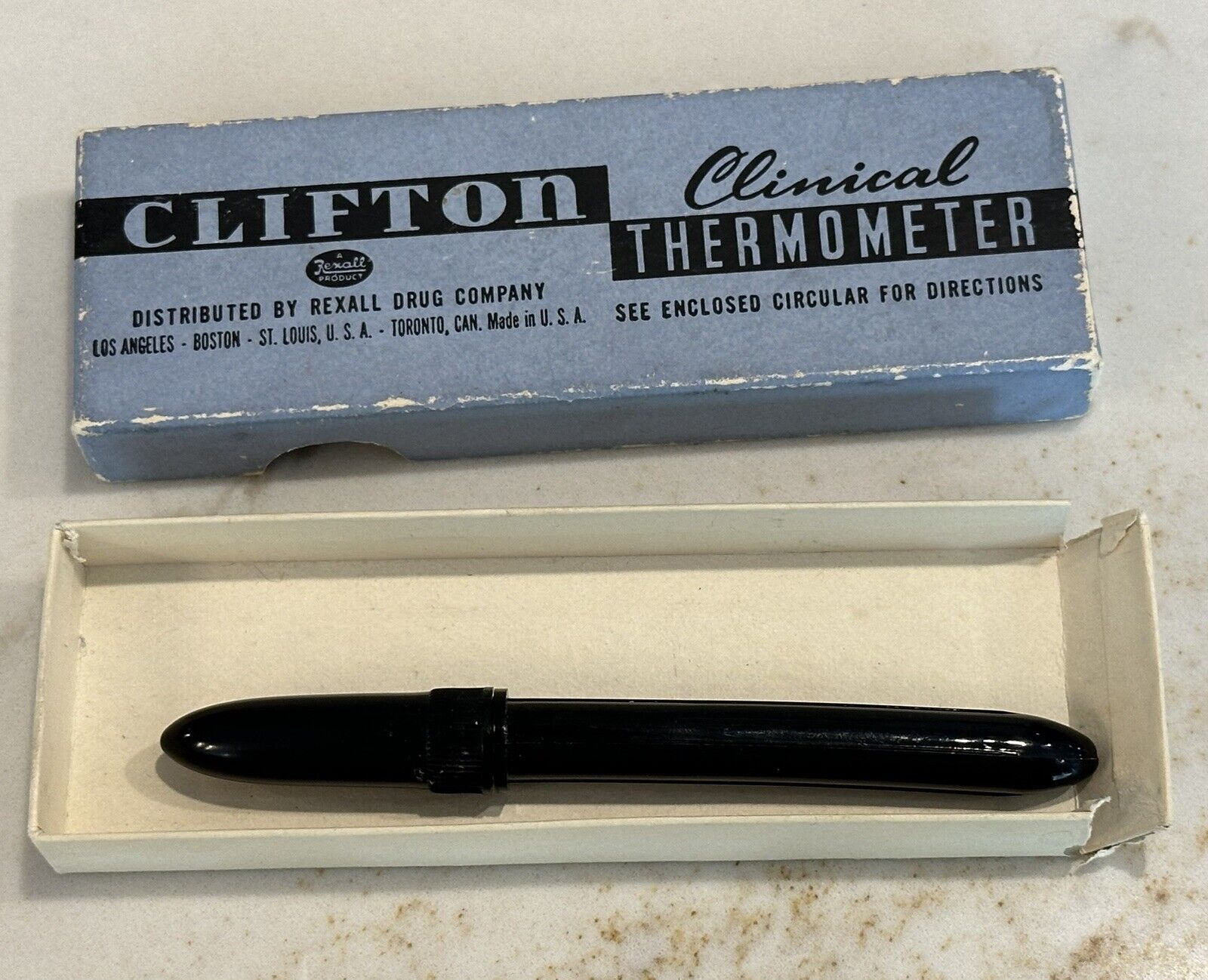 Vintage Clifton Clinical Thermometer Rexall Drug Company Original Box And Case