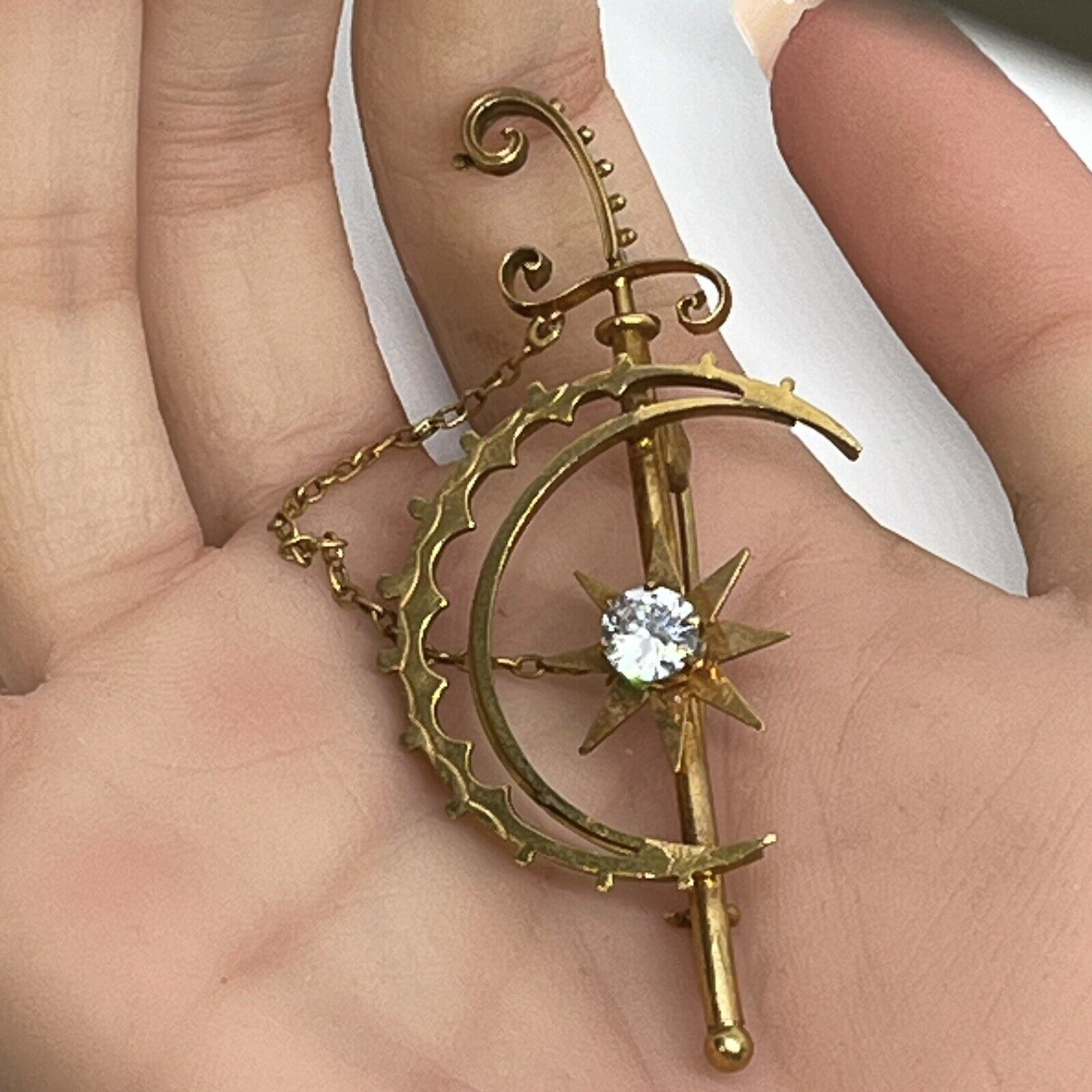 Antique Victorian Jabot Pin Sword Crescent Moon Star Aquamarine Stone Gold Plate