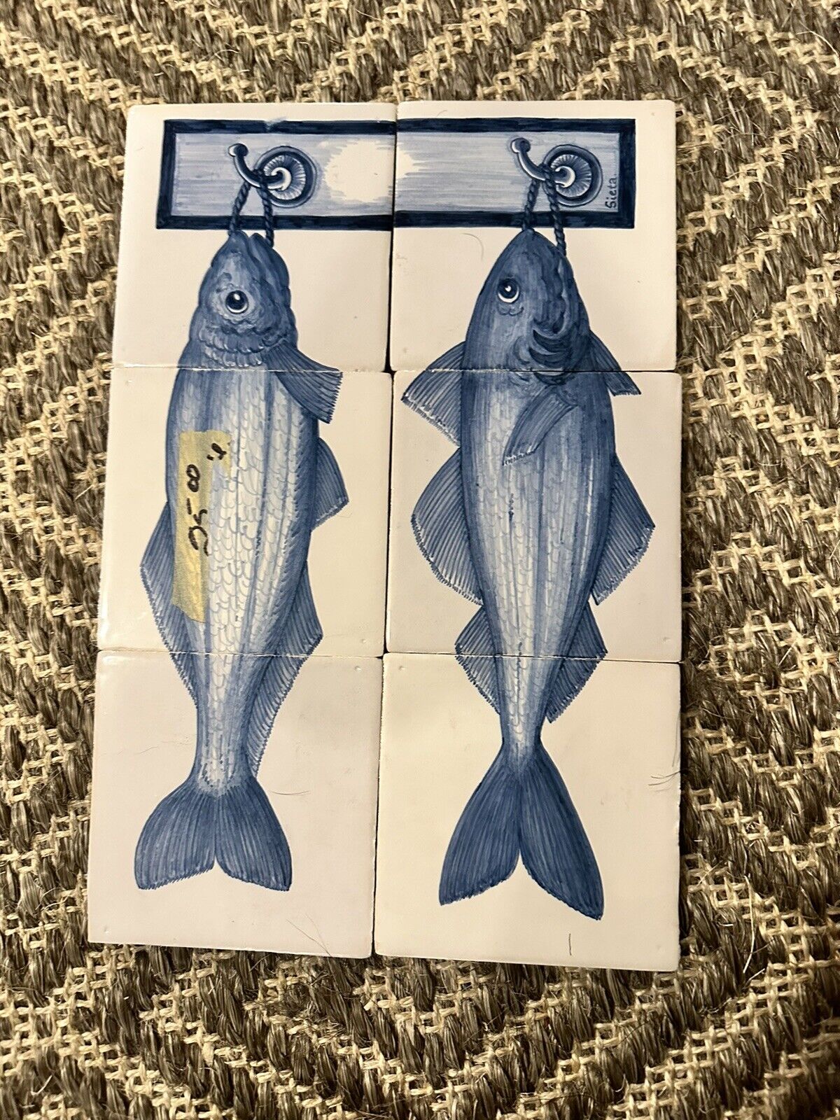 Vintage delft Style Tile Panel Mural Blue Fish Hanging On Hook 5x5” Tiles