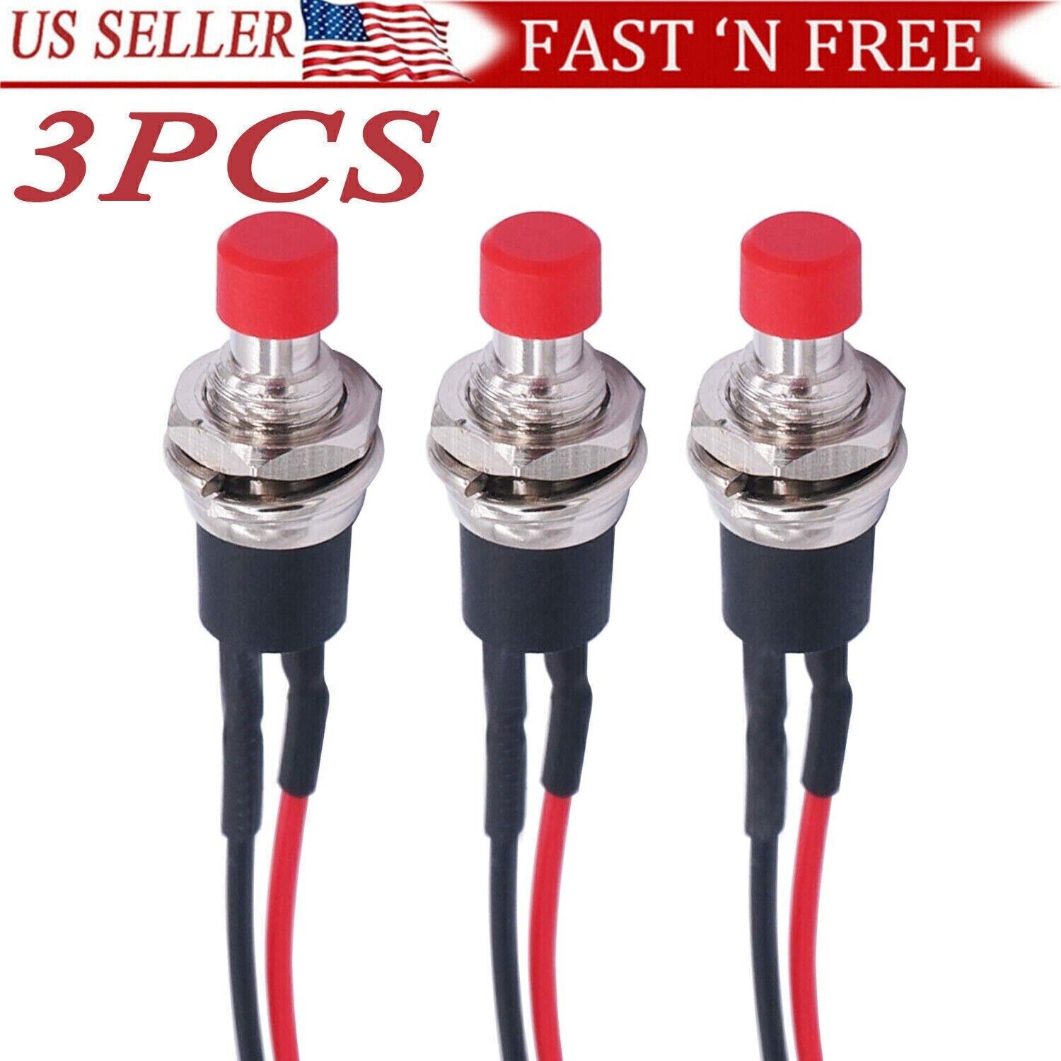 3 Pack Mini Push Button Pre-Wired Momentary N/O OFF-ON Switch Plug 12V 5AMP SPST