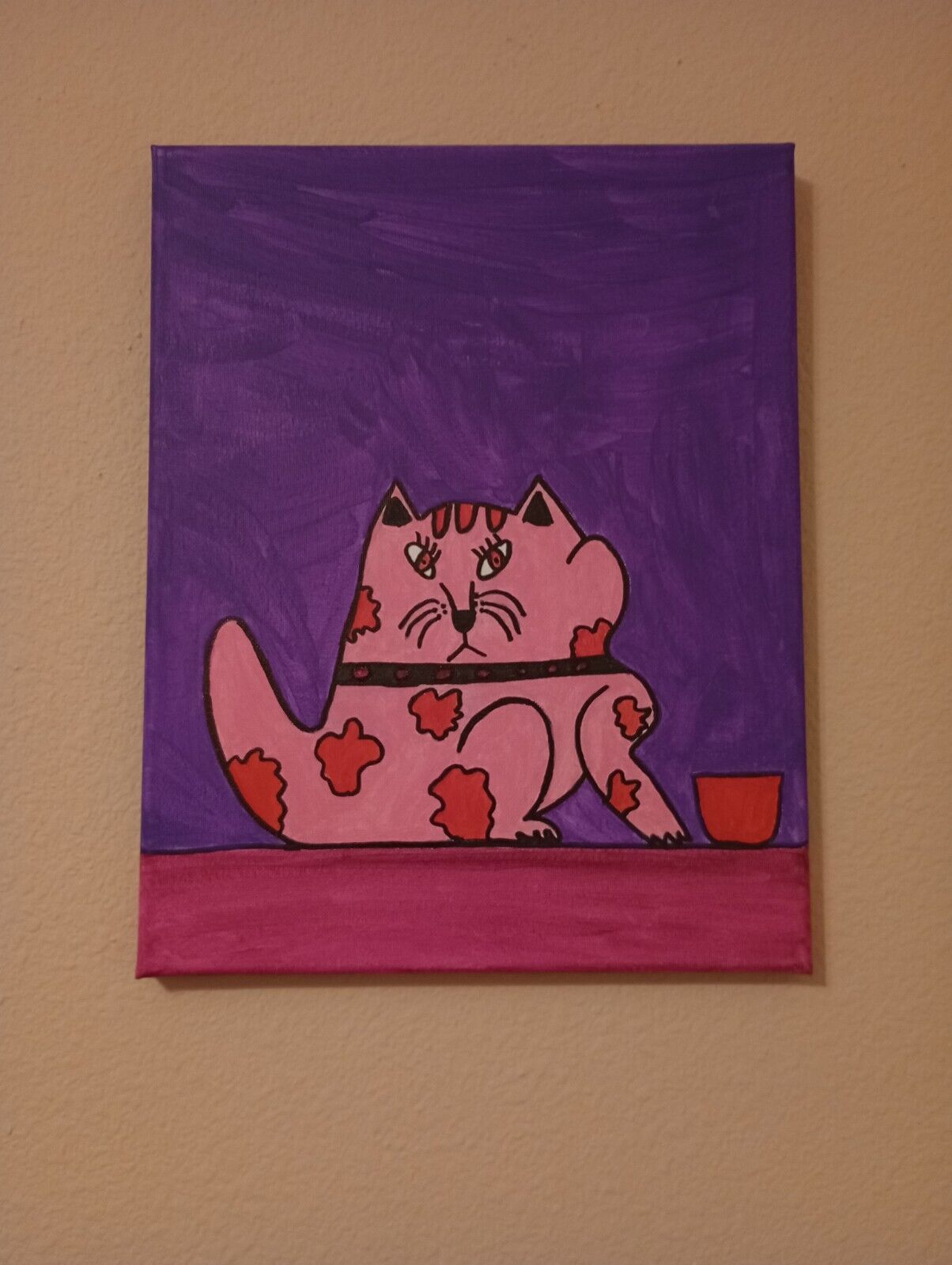 Handpainted Pink And Red Spotted Cat And A Bowl Acrylic Painting On Canvas 
