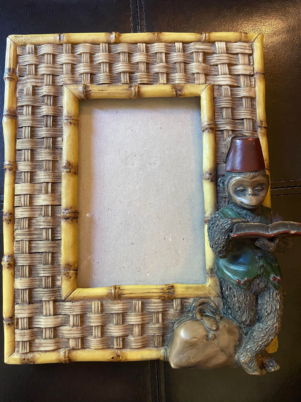 Vintage Late 20th Century Monkey Picture Frame With Faux Bamboo and Wicker Fram