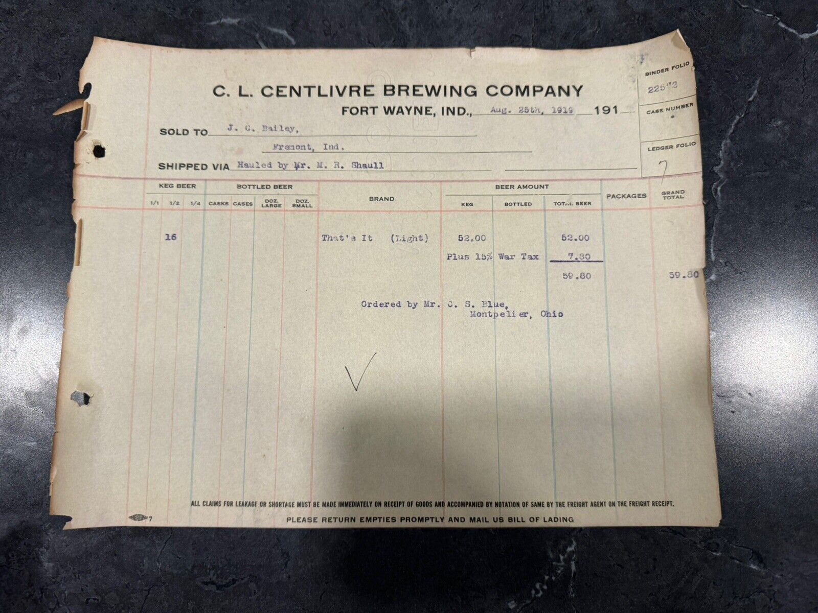 Centlivre Beer Business Receipt 1919 Pre-prohibition Fort Wayne IN Original