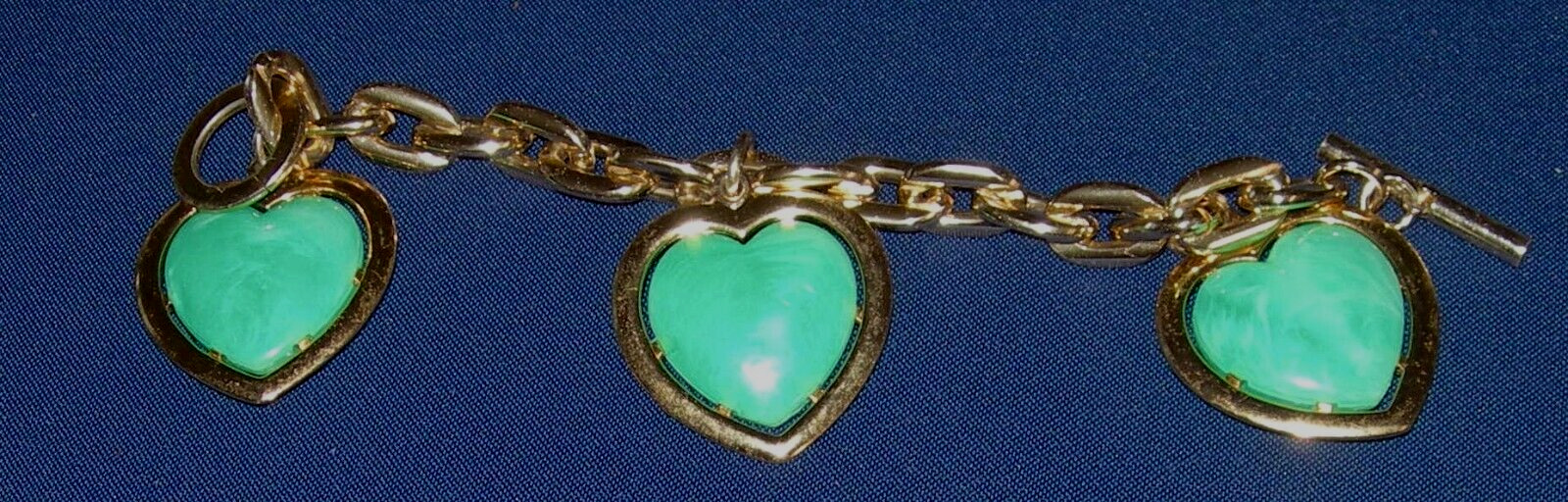 Vintage 70's Goldtone Large Link Bracelet Chunky with Green Plastic Heart Charms