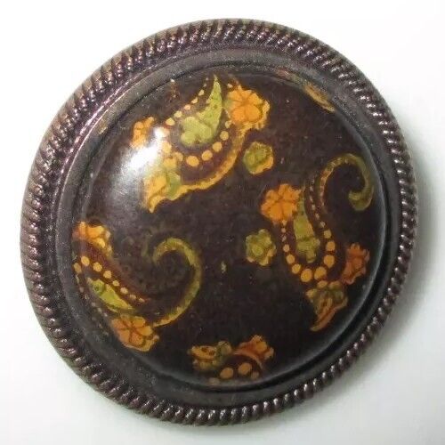 ANTIQUE VICTORIAN ERA BUTTON - PAISLEY CELLULOID BUBBLE IN ROPE METAL - 7/8\