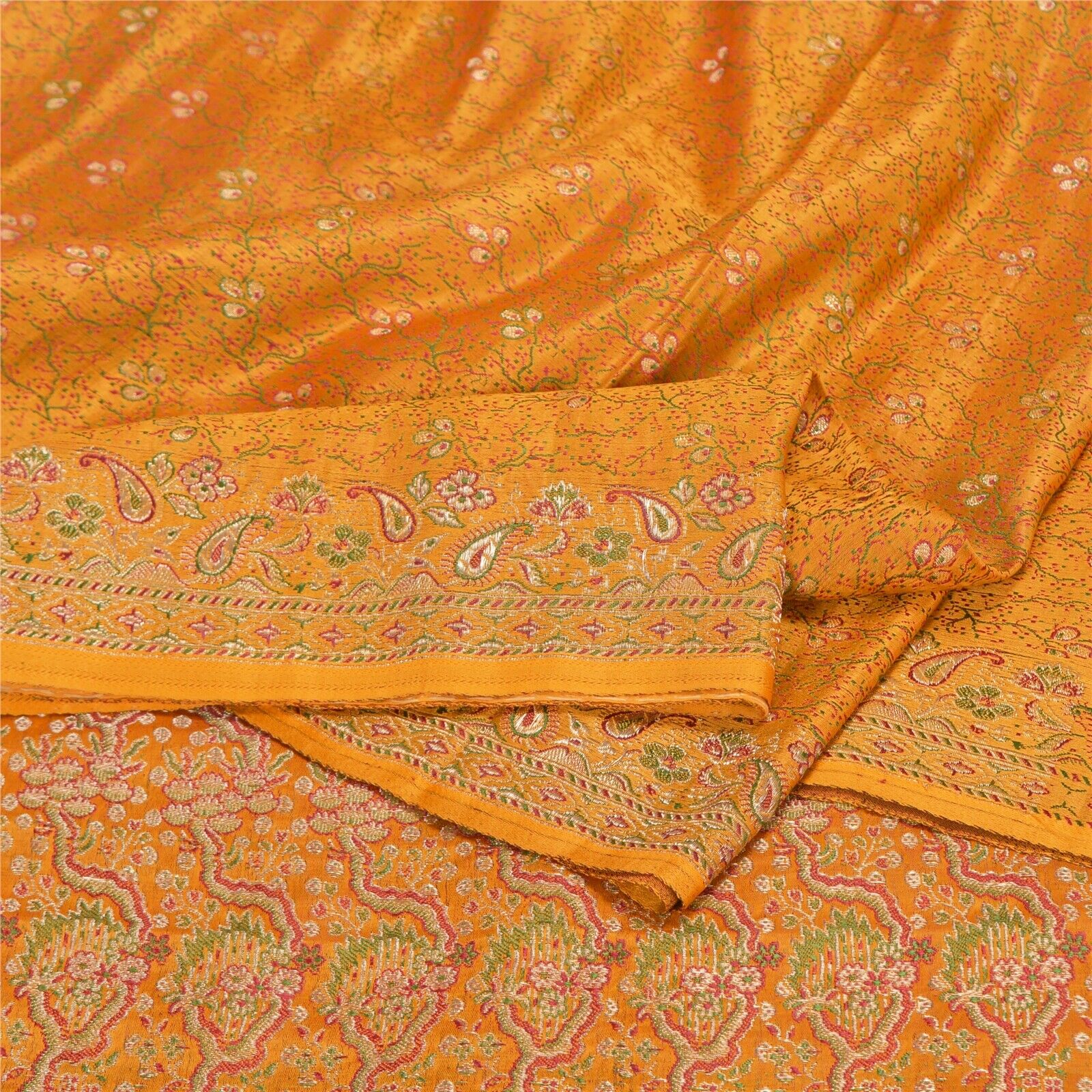 Sanskriti Vintage Yellow Sarees Pure Satin Woven Brocade/Banarasi Sari Fabric
