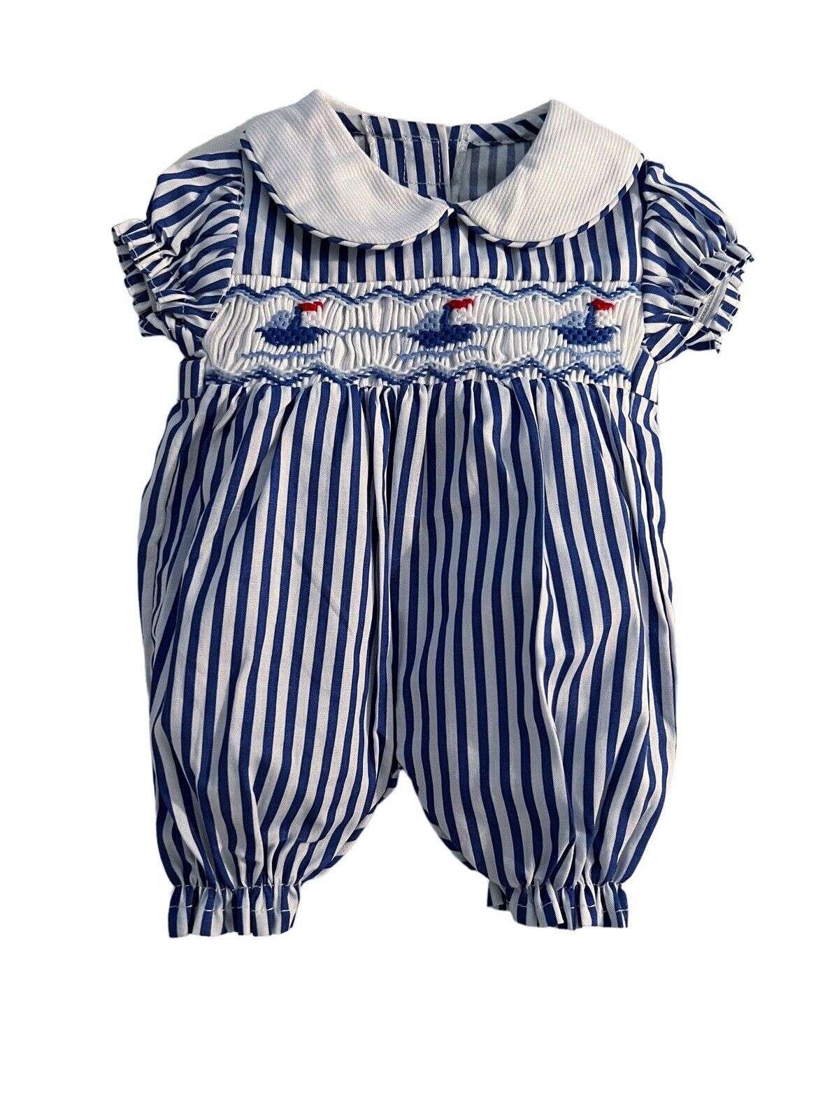 Adorable Hand Smocked Summer Doll Romper Striped Fabric Boats Classic  10”