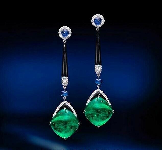 Exquisite Art Deco Style 32.45CT Cabochon Emerald, Blue Sapphire & CZ Earrings