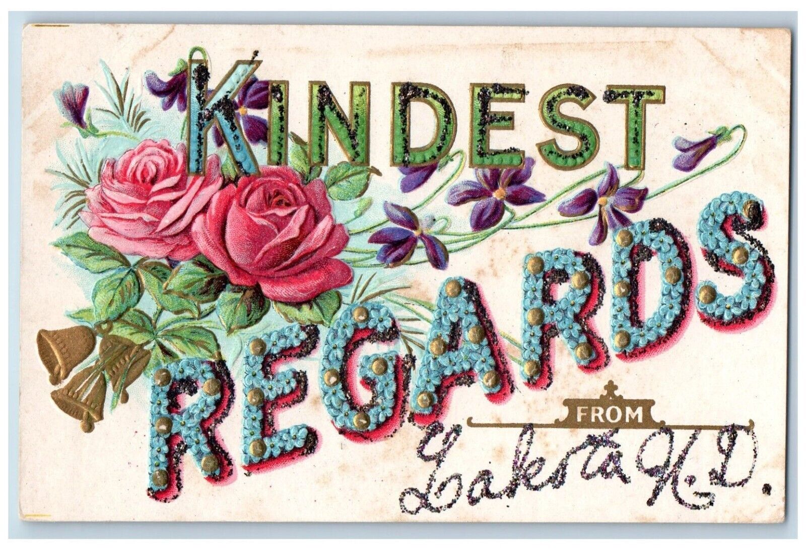 Lakota North Dakota ND Postcard Kindest Regards Glitter Embossed Flowers c1910