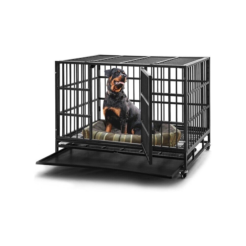 48 inch Heavy Duty Dog Crate, Double Door High Anxiety Cage, Kennel with Wheels