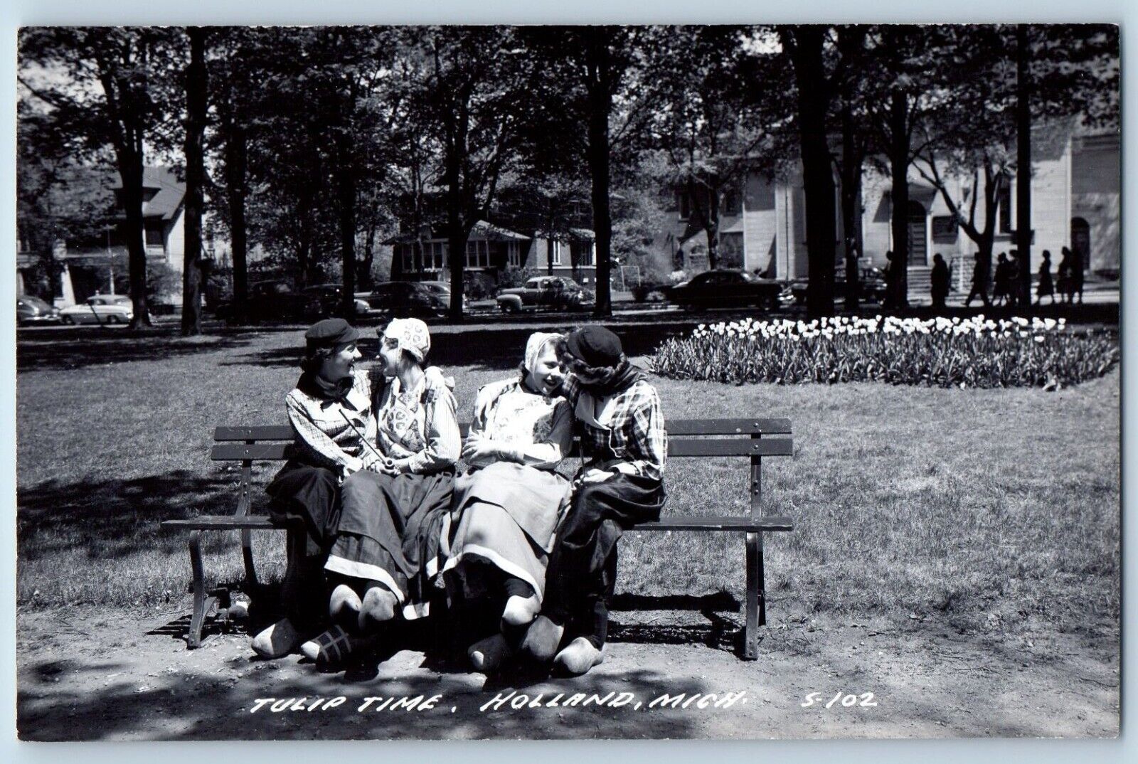 Holland Michigan MI Postcard RPPC Photo Tulip Time Women Sat On Bench c1940's