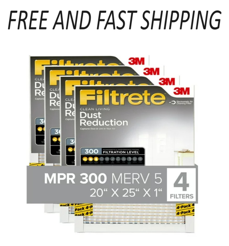 Filtrete 20x25x1 Air Filter, MPR 300 MERV 5, Clean Living Dust Reduction, 4 Pcs