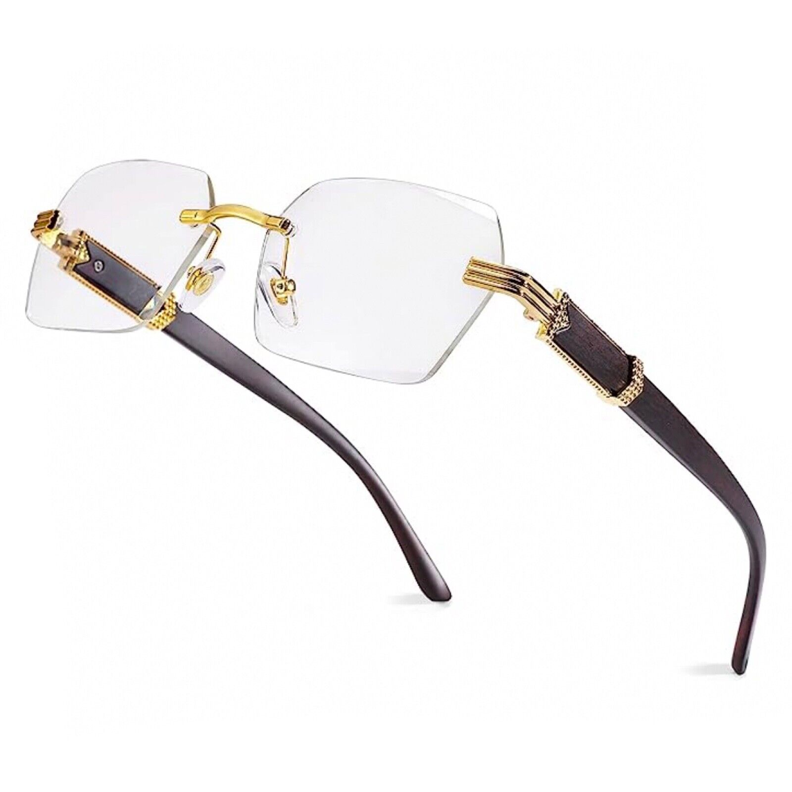 Luxury Retro Men\'s Rimless Wood Gold Frame Hip Hop Vintage Clear Lens Glasses