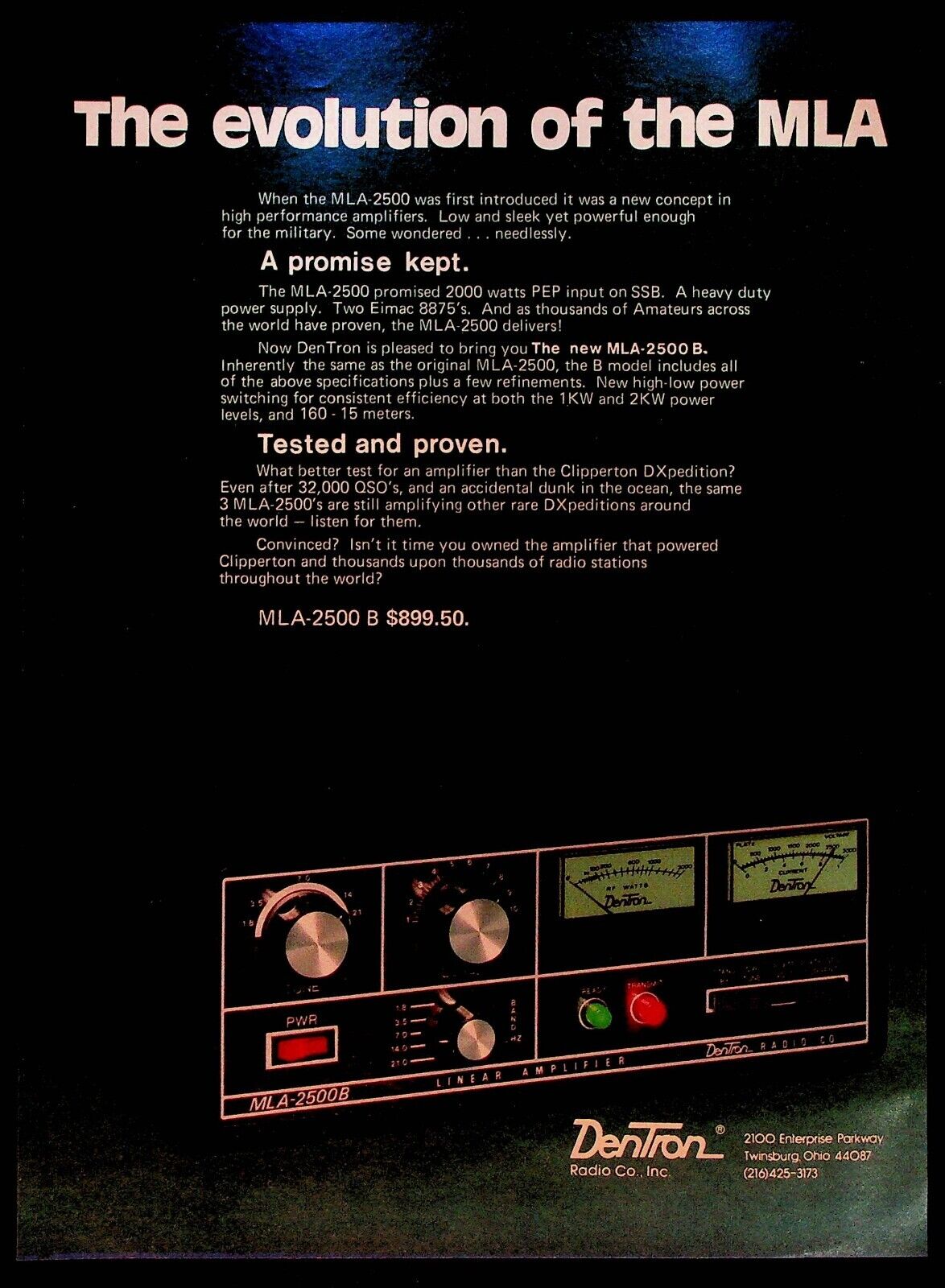 1979 DenTron MLA2500 high performance amplifier photo ham radio vintage print ad