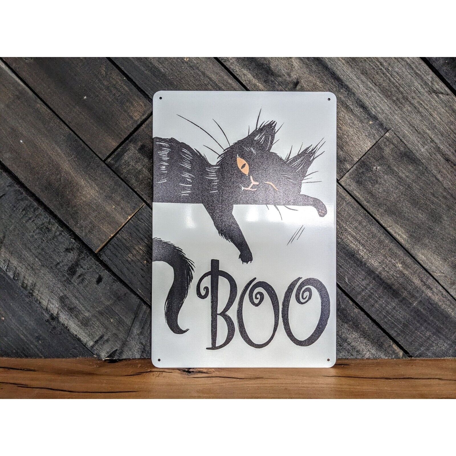 Boo Sign - Black Cat Halloween Decor - 12in X 8in
