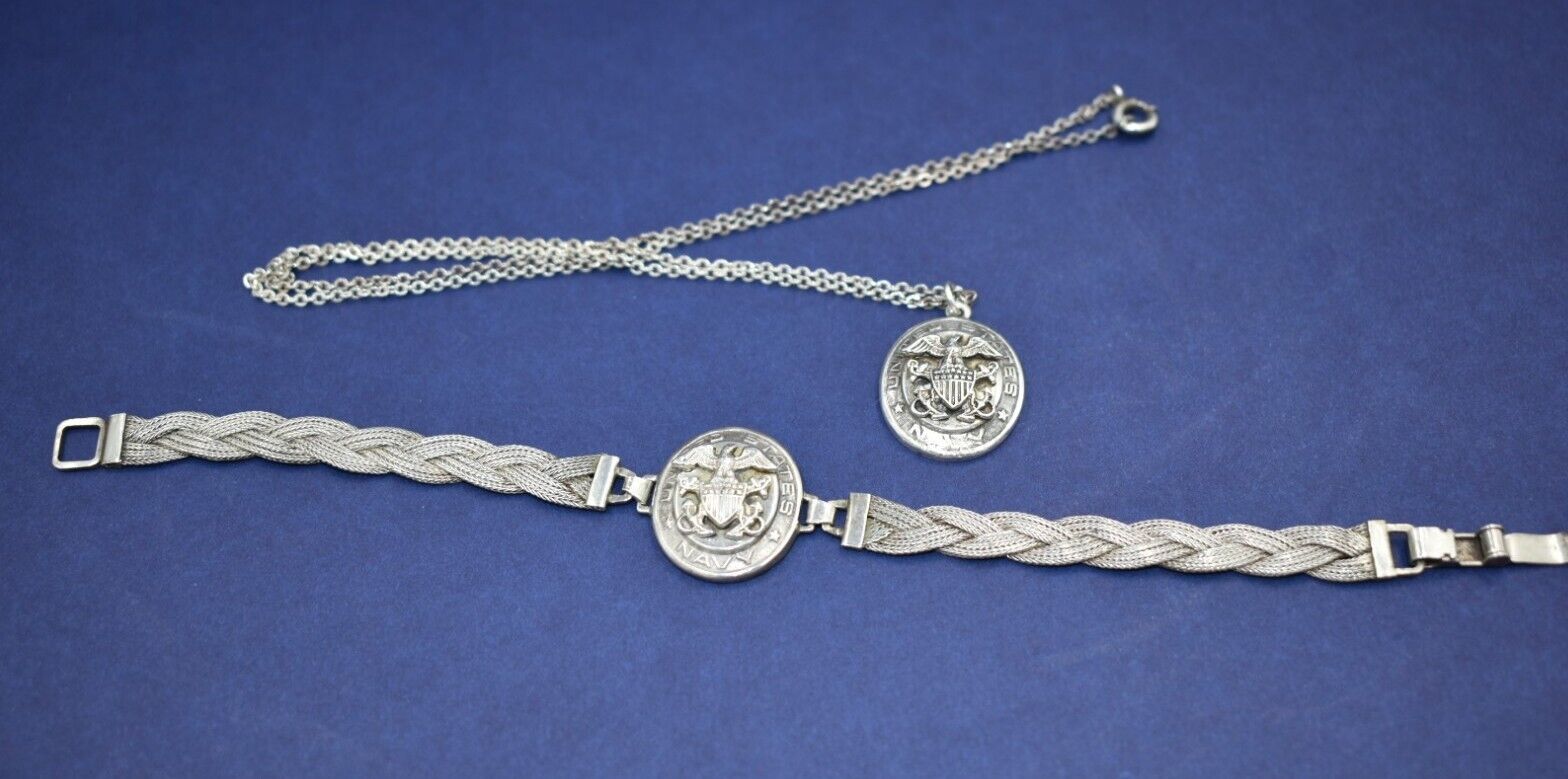 Rare WWII US Navy Eagle Shield Woven Sterling Bracelet-Necklace Sweetheart Set