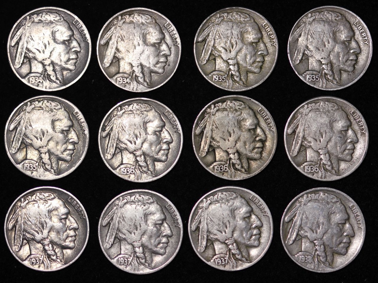 ALL 12 NICE Coins 1934 - 1938 P D S BUFFALO NICKELS 5c Short Set FREE P/H