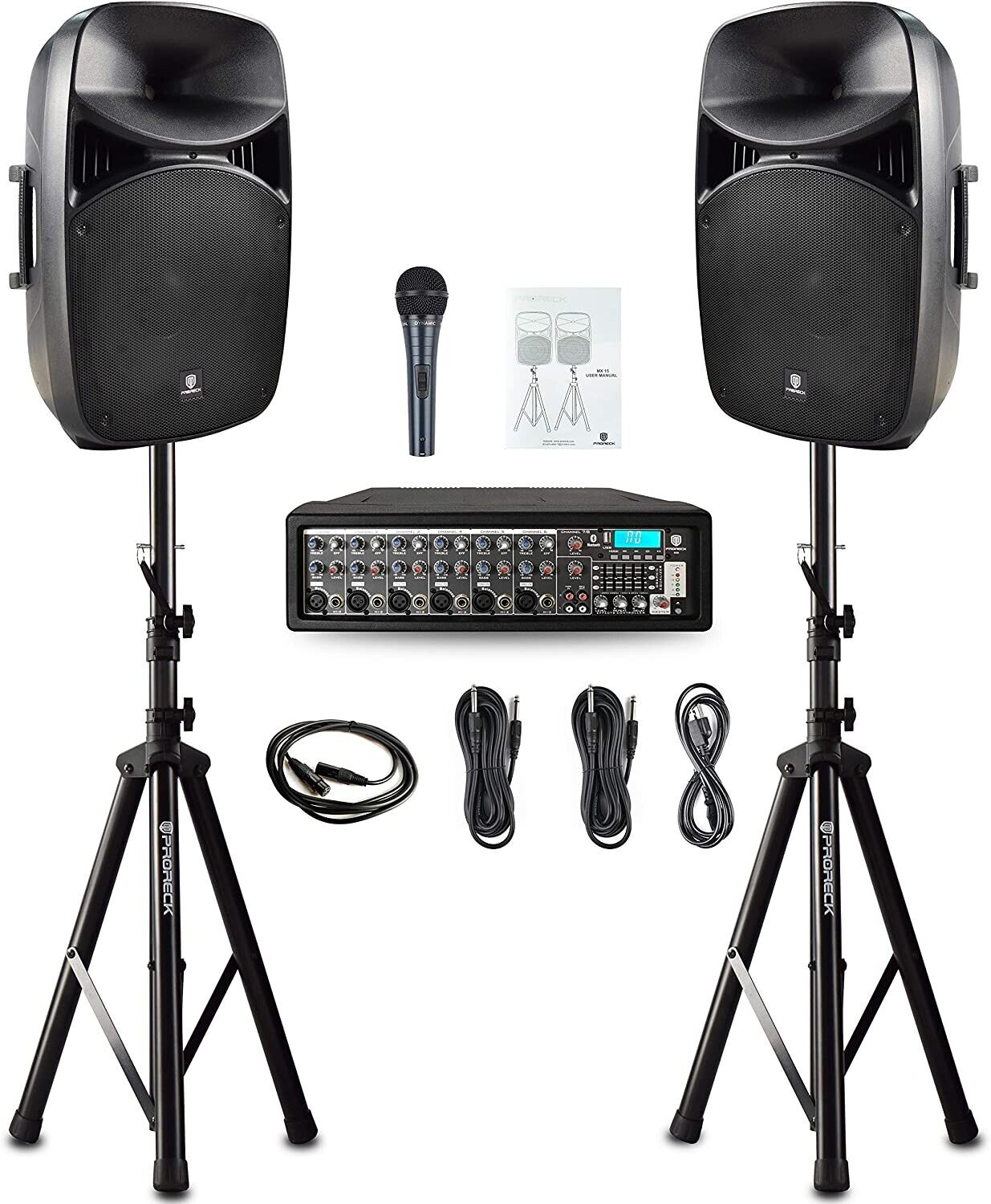 PRORECK MX15 15inch 2500W Bluetooth Powered PA System Mixer/Amp with Stands/Mic