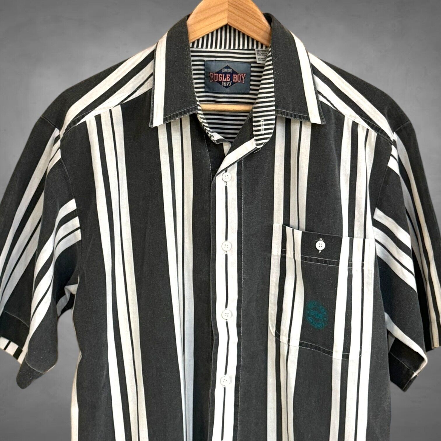 Vintage Bugle Boy Button Up Shirt Mens Medium Gray Striped Short Sleeve