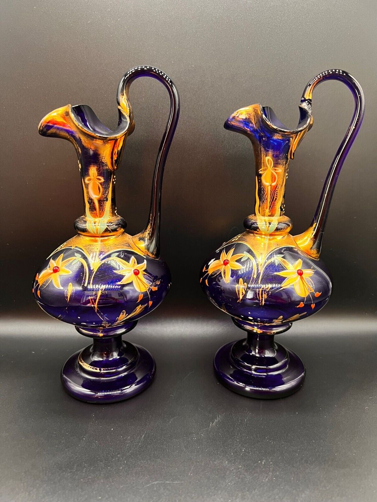 Antique Victorian Pair Bohemian Glass Ewers/Gilt Coloured Enamel Cz/ circa 1900