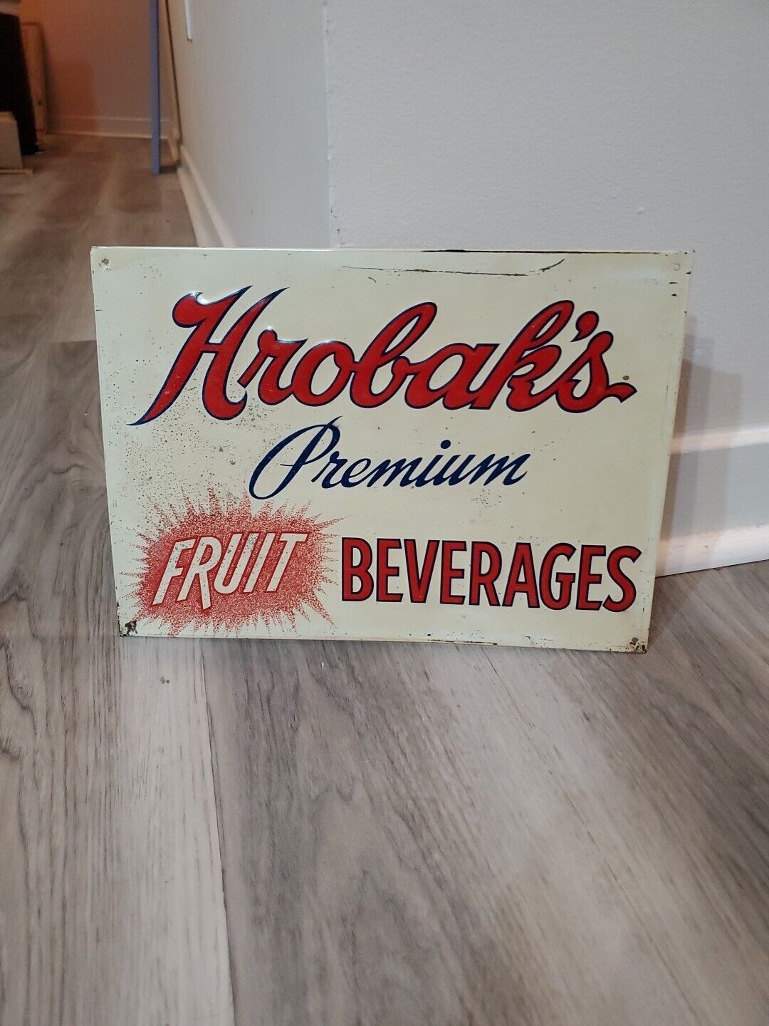c.1940s Original Vintage Hrobak's Fruit Beverages Sign Metal Embossed Grocery 