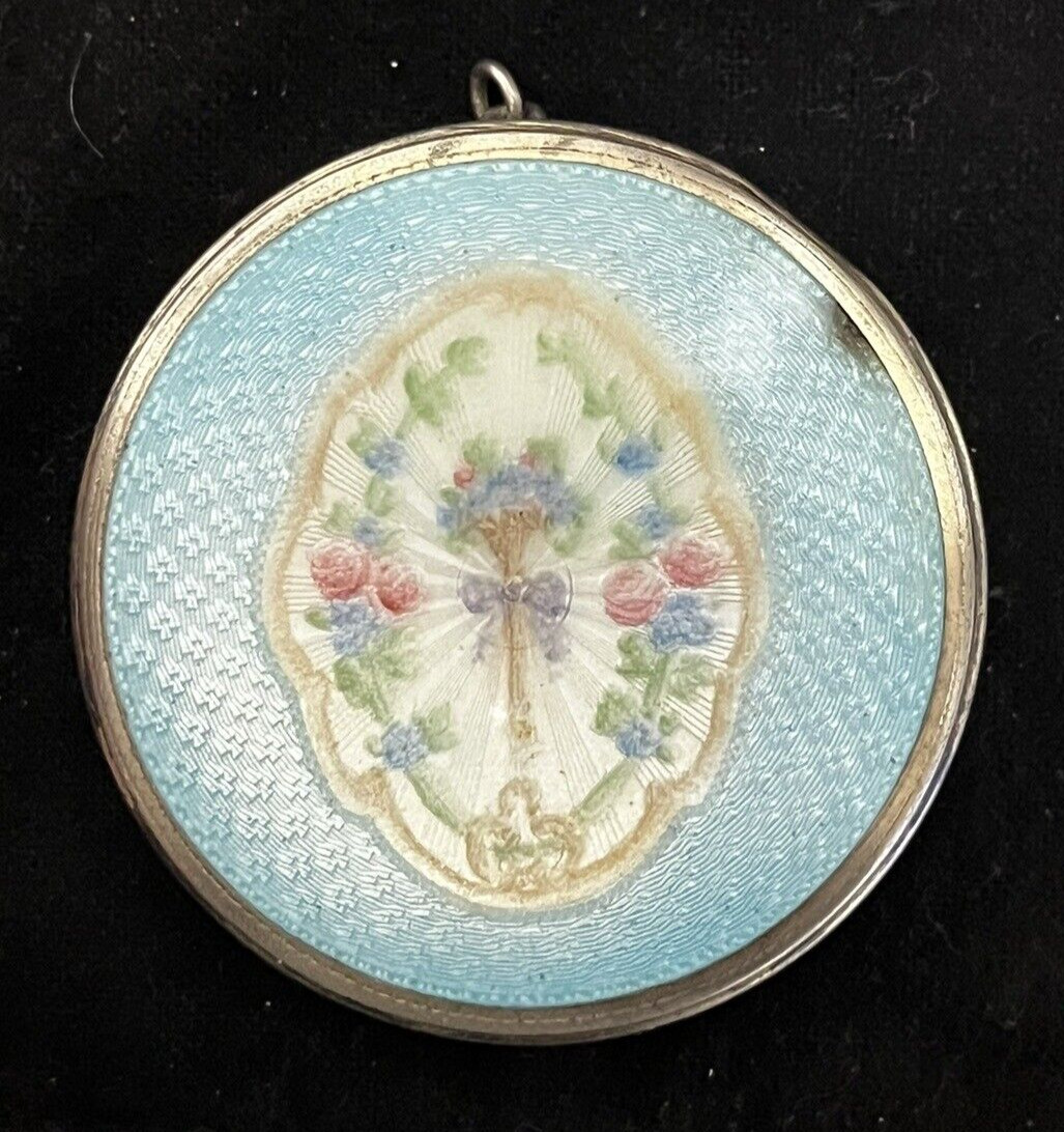 Antique F&B Foster & Bailey Blue Guilloche Enamel Compact Floral Sterling Silver