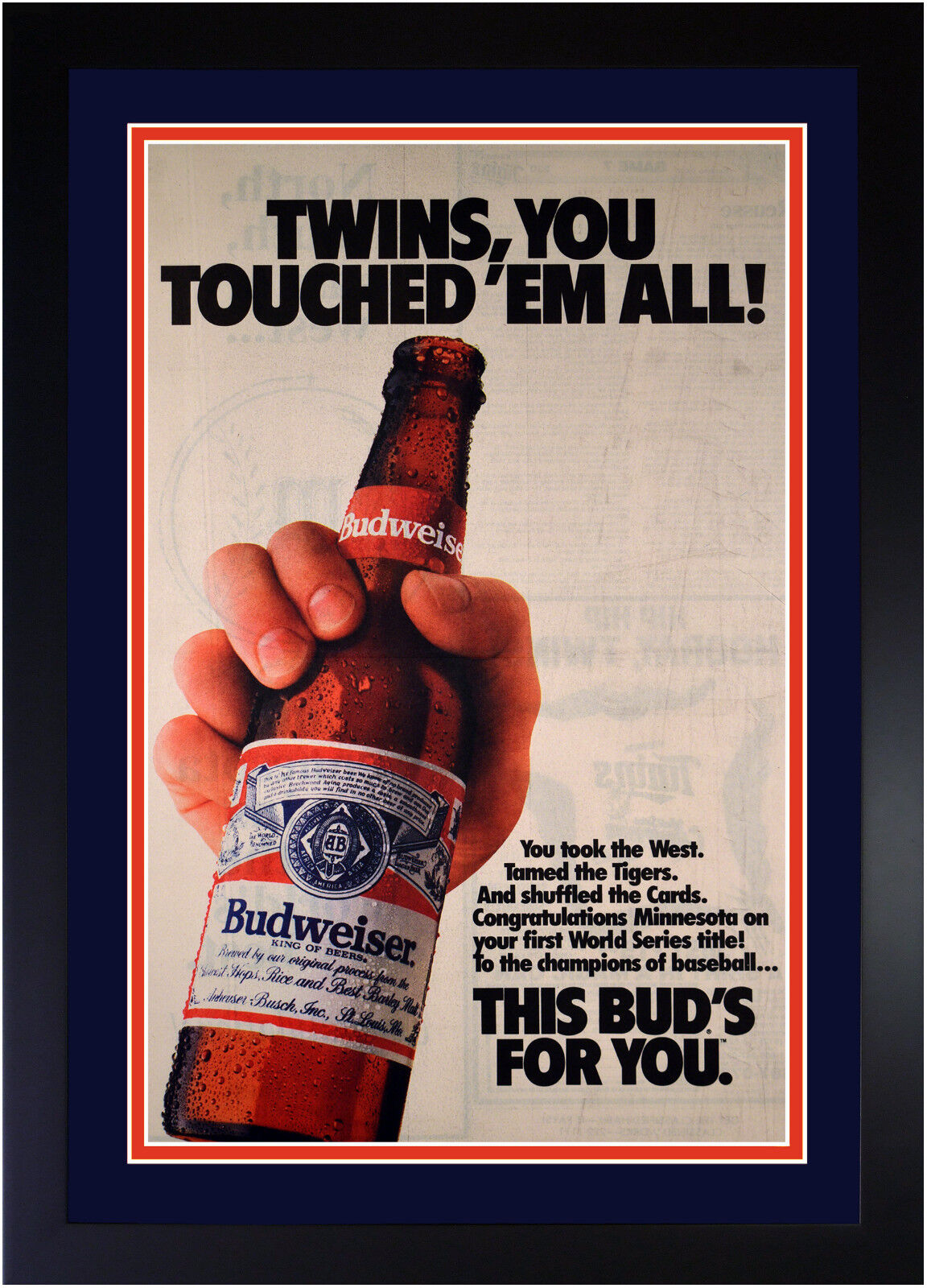 Minnesota Twins 1987 World Series Newspaper Ad by Budweiser Beer Original 18x28