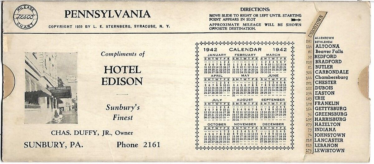 1941 PENNSYLVANIA Sliding Mileage Chart Road Map HOTEL EDISON Sunbury Calendar