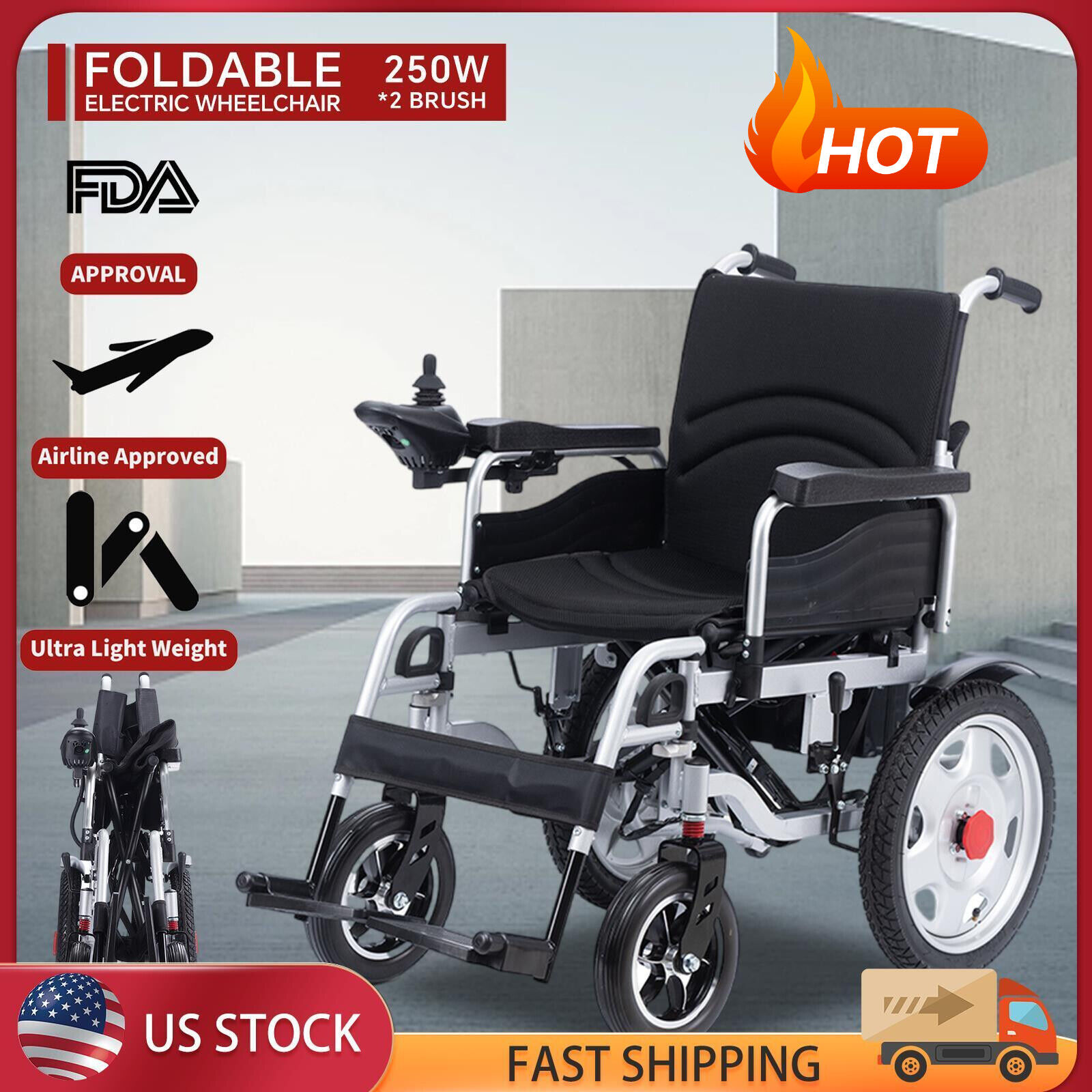 500W Electric Wheelchair Folding All Terrain Heavy Duty Portable Wheelchair neW3