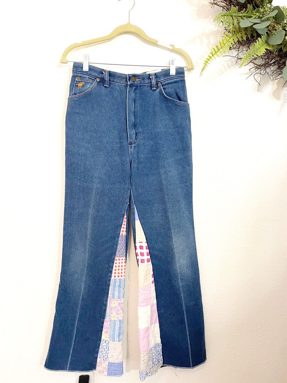Vintage Patchwork Flare Jeans Size 28 Made in USA Blue 70s Wrangler Diy 90s Bojo