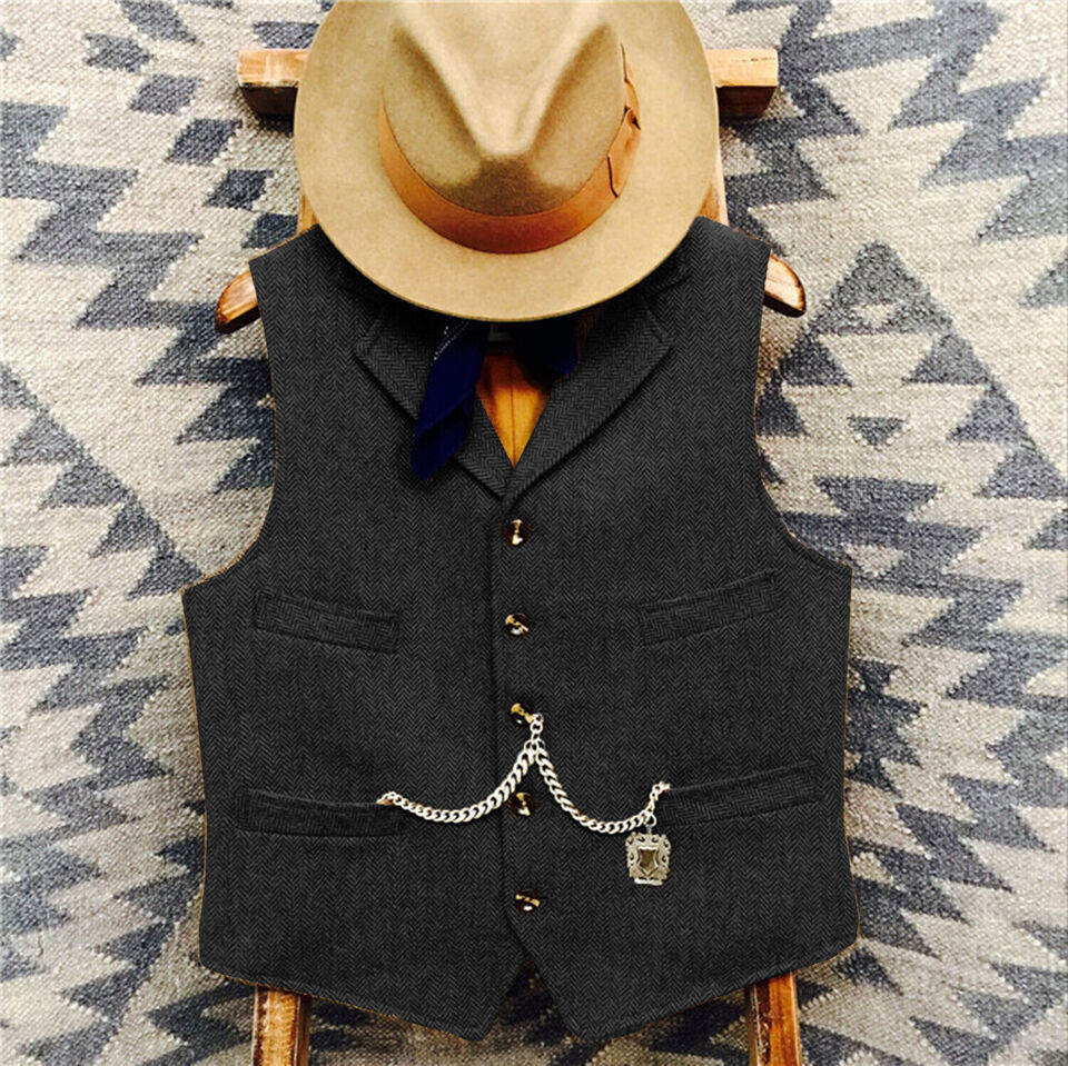 Mens Cowboy Vest Vintage Western Tweed Wool Herringbone Vests M Large XL XXL 3XL
