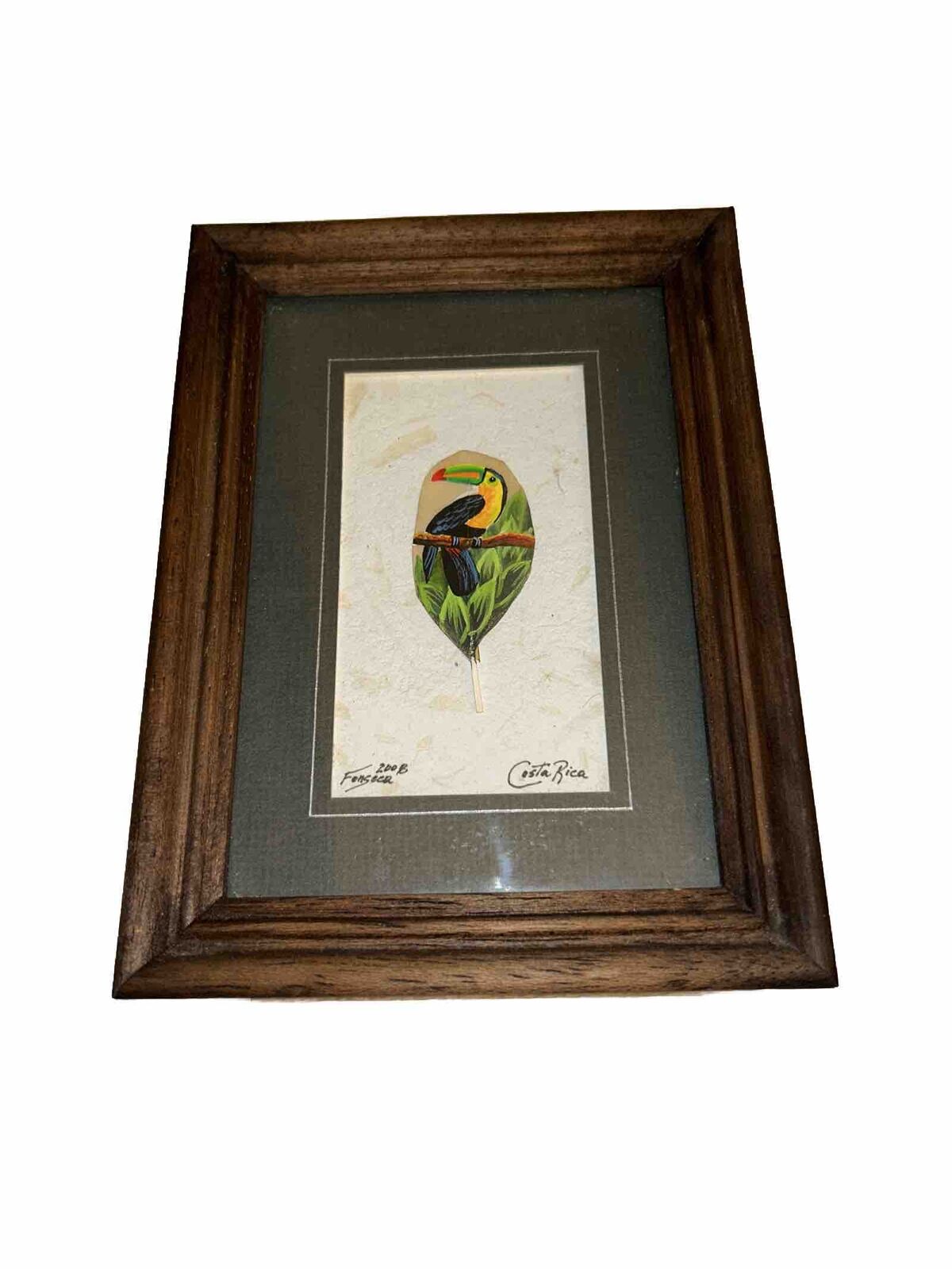Vintage Hand Painted Finger On Feather Signed Costa Rica Wood Framed 4”x 6”