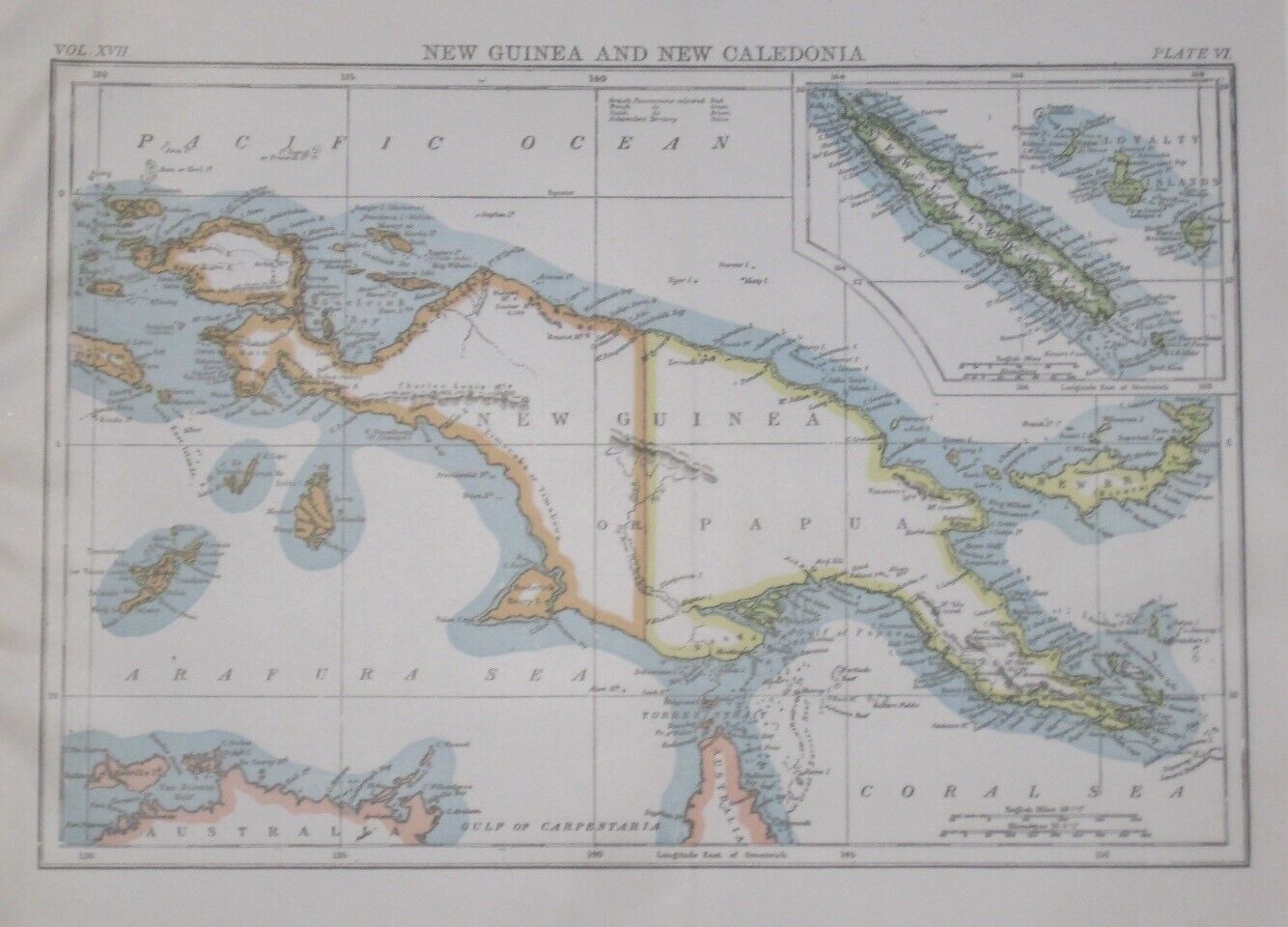 Original 1884 Map NEW GUINEA & NEW CALEDONIA Papua Coral Sea Loyalty Islands