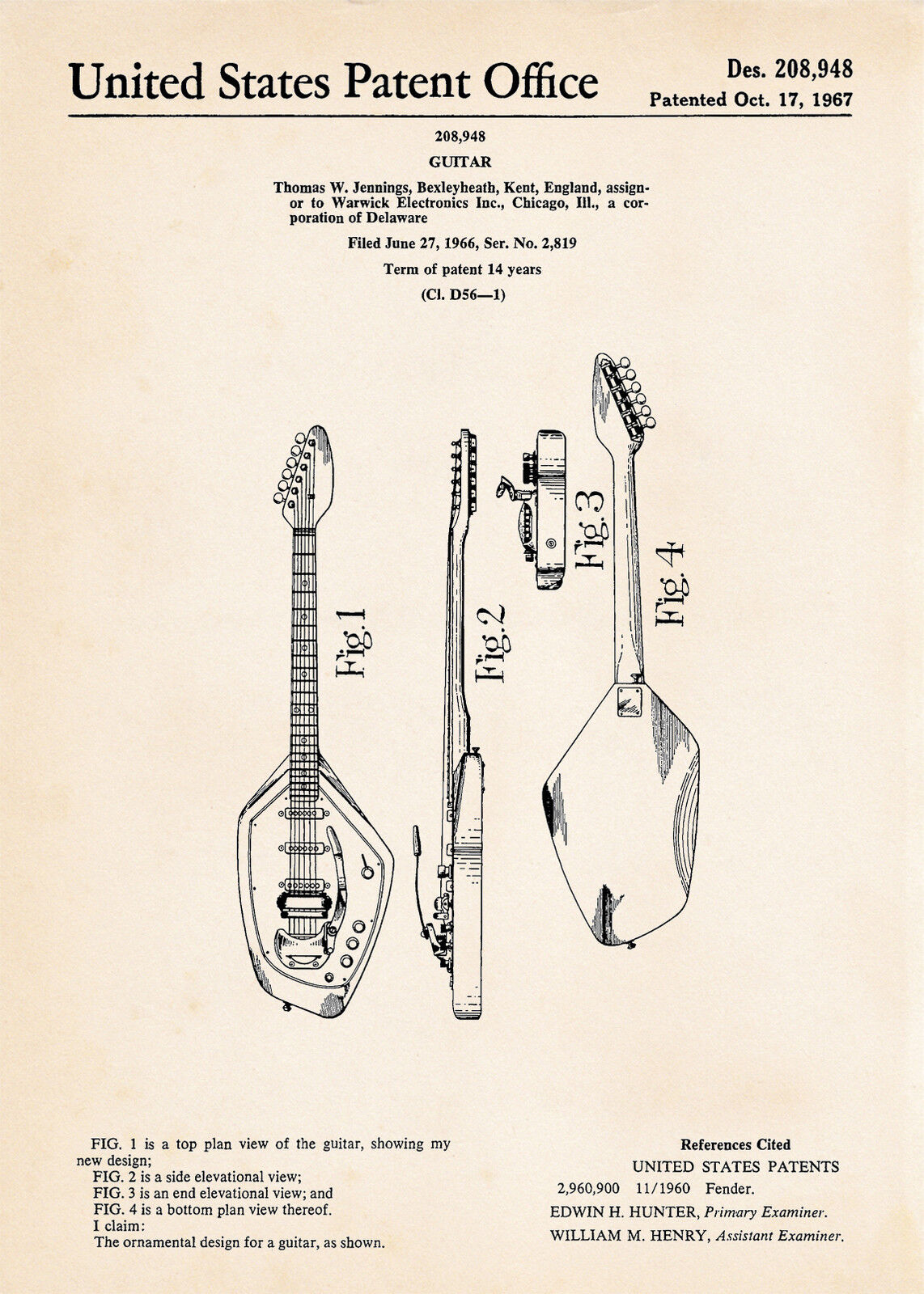 1967 Vox Phantom Vi Special Guitar Gifts For Musicians Patent Art Posters Print
