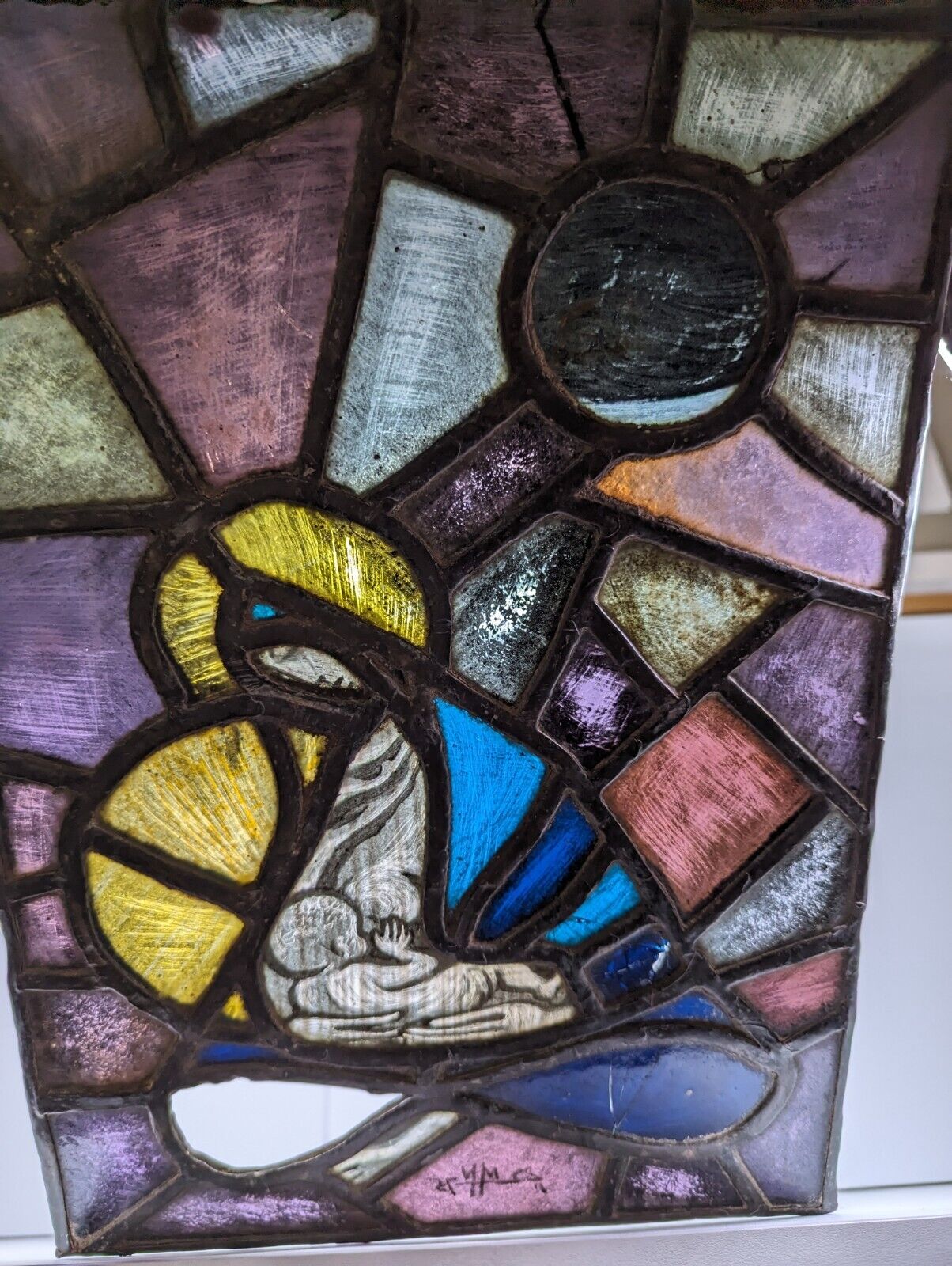 Antique Beautiful Stained Glass Window of Mary Nursing Jesus, extremely unique