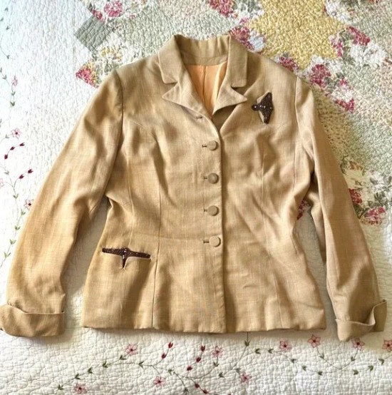 Vintage 1950s Tan Wool/Flax Suit Jacket Bronze Beaded Detail